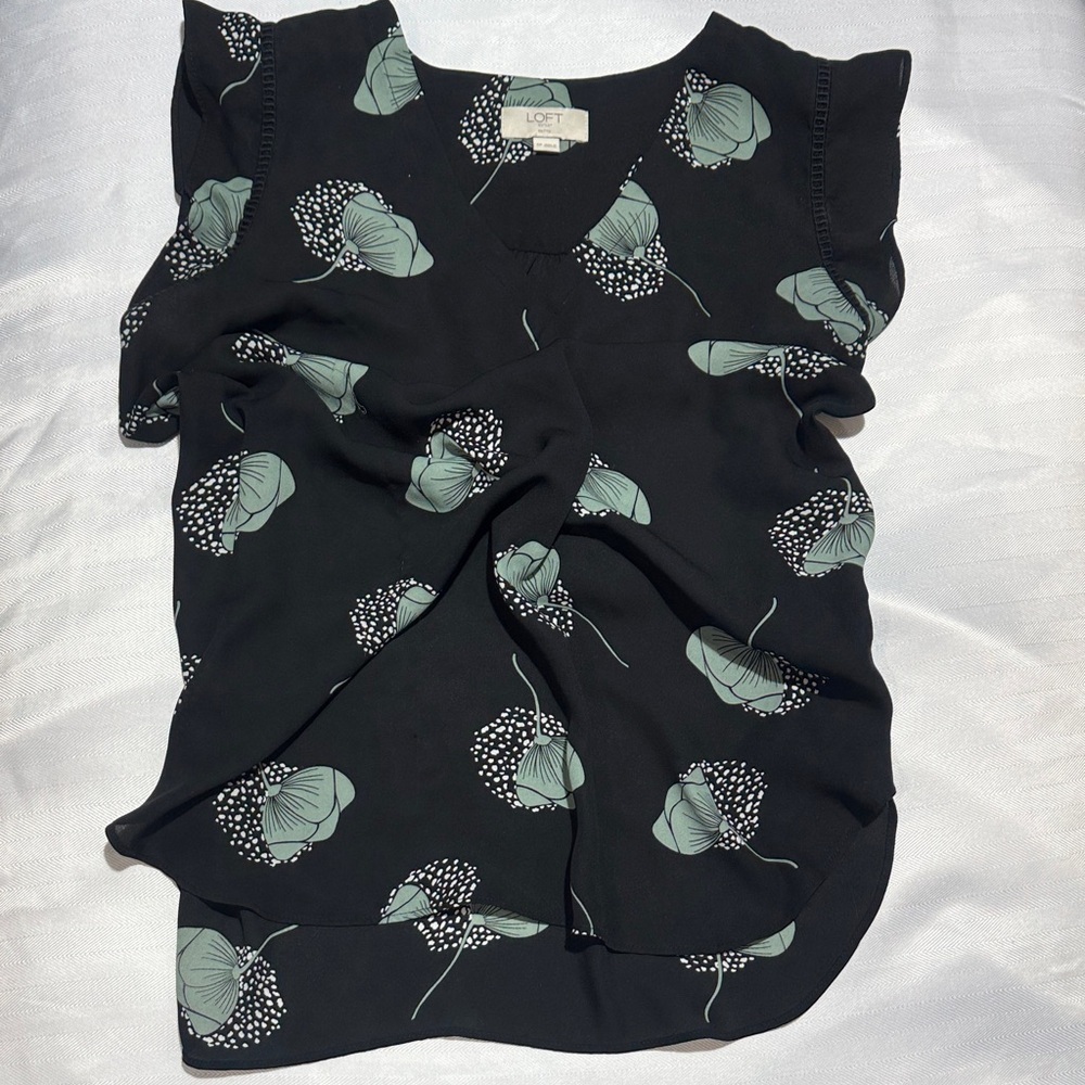 LOFT Black Top with Mint Green Floral Print and Flutter Sleeves